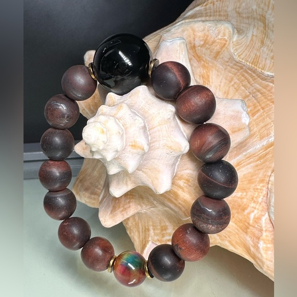 MATTE RED TIGERS EYE + ONYX NATURAL STONES BRACELET size 7” - Picture 3 of 11